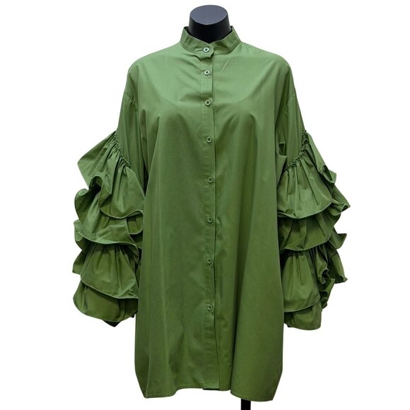 Beulah Style Tops - Beulah Style Ruffled Tunic Blouse Collar Green Button-Up M/L